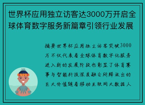 世界杯应用独立访客达3000万开启全球体育数字服务新篇章引领行业发展新趋势